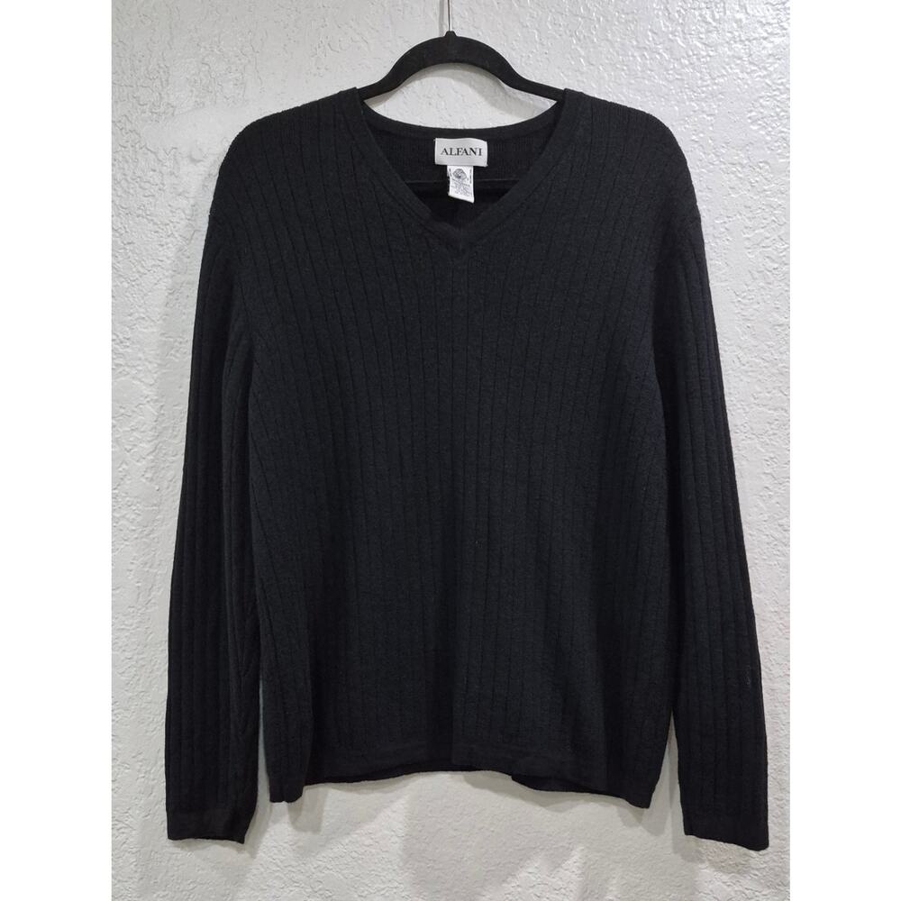Alfani 100% Pure Merino Wool Black Ribbed V-Neck Sweater - Size XL - Picture 7 of 7
